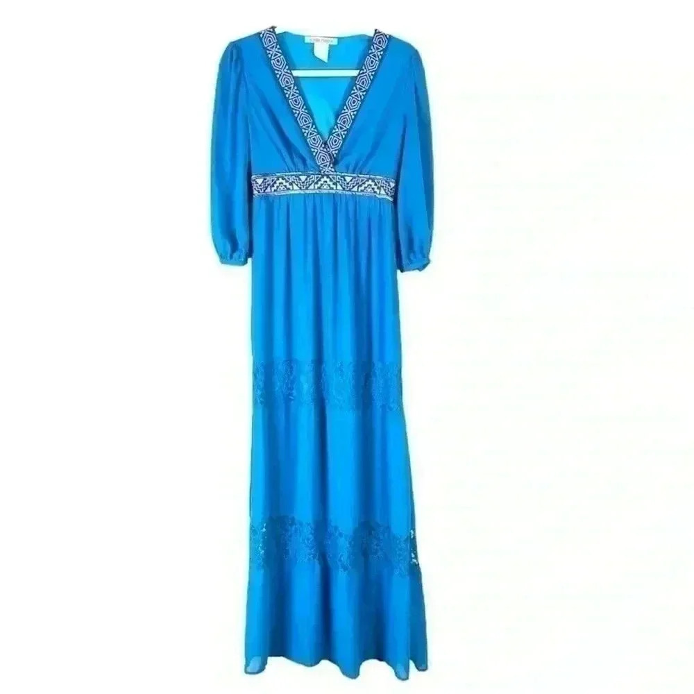 Flying Tomato Turquoise “70’s” Bohemian Aztec V-Neck Native Maxi Dress Size S - Picture 2 of 15